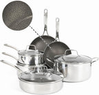 Martha Stewart Badgley Hybrid Nonstick 10 Piece TriPly Stainless Steel Pots and Pans Non-Toxic Kitchen Cookware Set - Laser Etched Perfect Sear Nonstick W/Stay Cool Handle Dishwasher & Induction Safe