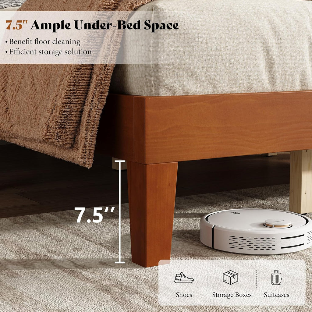 AMERLIFE Queen Sizes Solid Wood Bed Frame with 48" Headboard, Mid Century Modern Platform Bed with Silent Wood Slat System, No Box Spring Needed, Under-Bed Storage, Brown