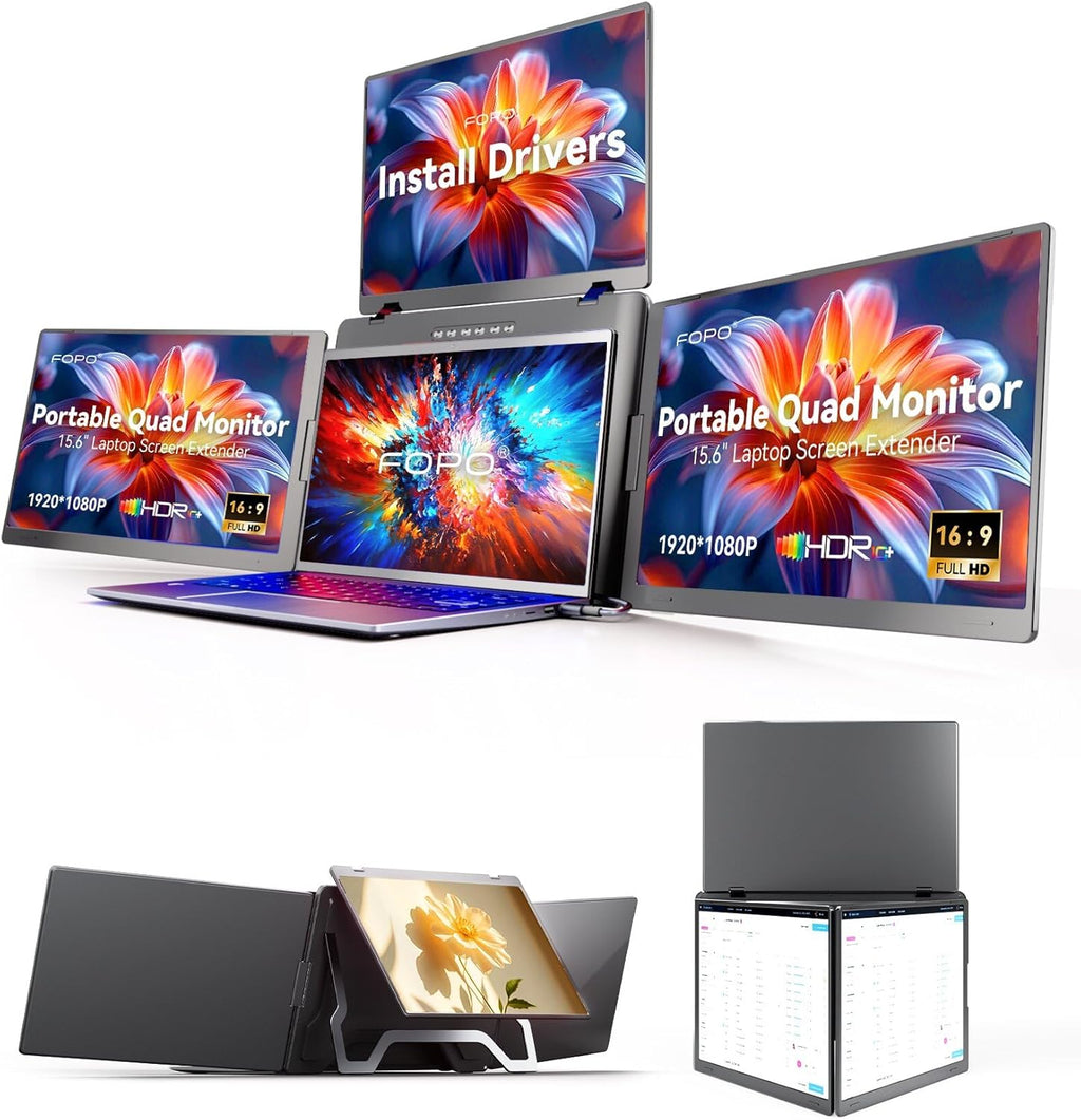 FOPO 15.6" Laptop Screen Extender  Quad Monitor  FHD 1080P Portable Monitor  Laptop Extender Portable  Supports Laptops 13.6"- 17.3"  Compatible with Windows 10/11 and MacOS M1/M2/M3