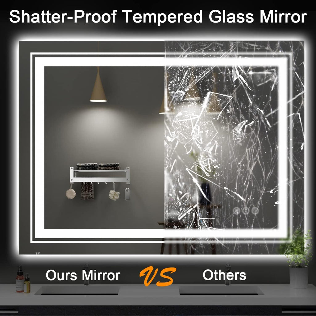 LED Bathroom Mirror, 48"X32" with Front and Backlit, Anti-Fog, Large Bathroom Vanity Mirror for Wall, Memory Function, Stepless Dimmable, Tempered Glass (Horizontal/Vertical)