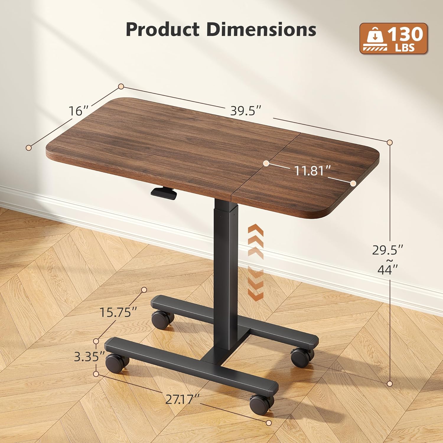 Homkdom C Shaped Table with Wheels, Side End Table with Extended Desktop, Adjustable Rolling Desk for Small Space, Dorm, Height Adjustment (29.5"-44"), Walnut Brown