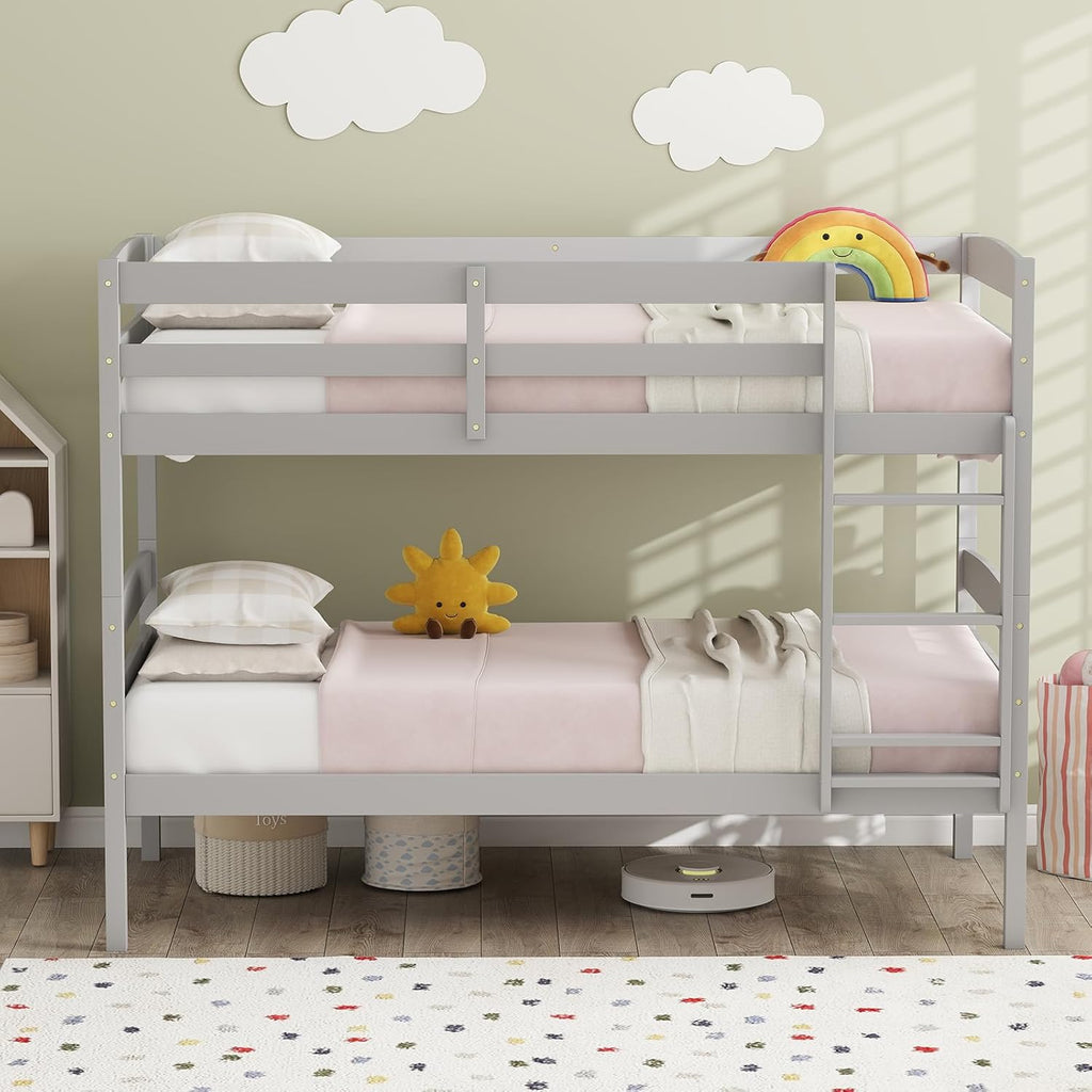KOMFOTT Bunk Bed Twin Over Twin, Bed Frame w/Full-Length Guardrail & Integrated Ladder, Wood Bunk Bed for Small Space, Converts to 2 Individual Beds for Kids & Adults, No Box Spring Needed