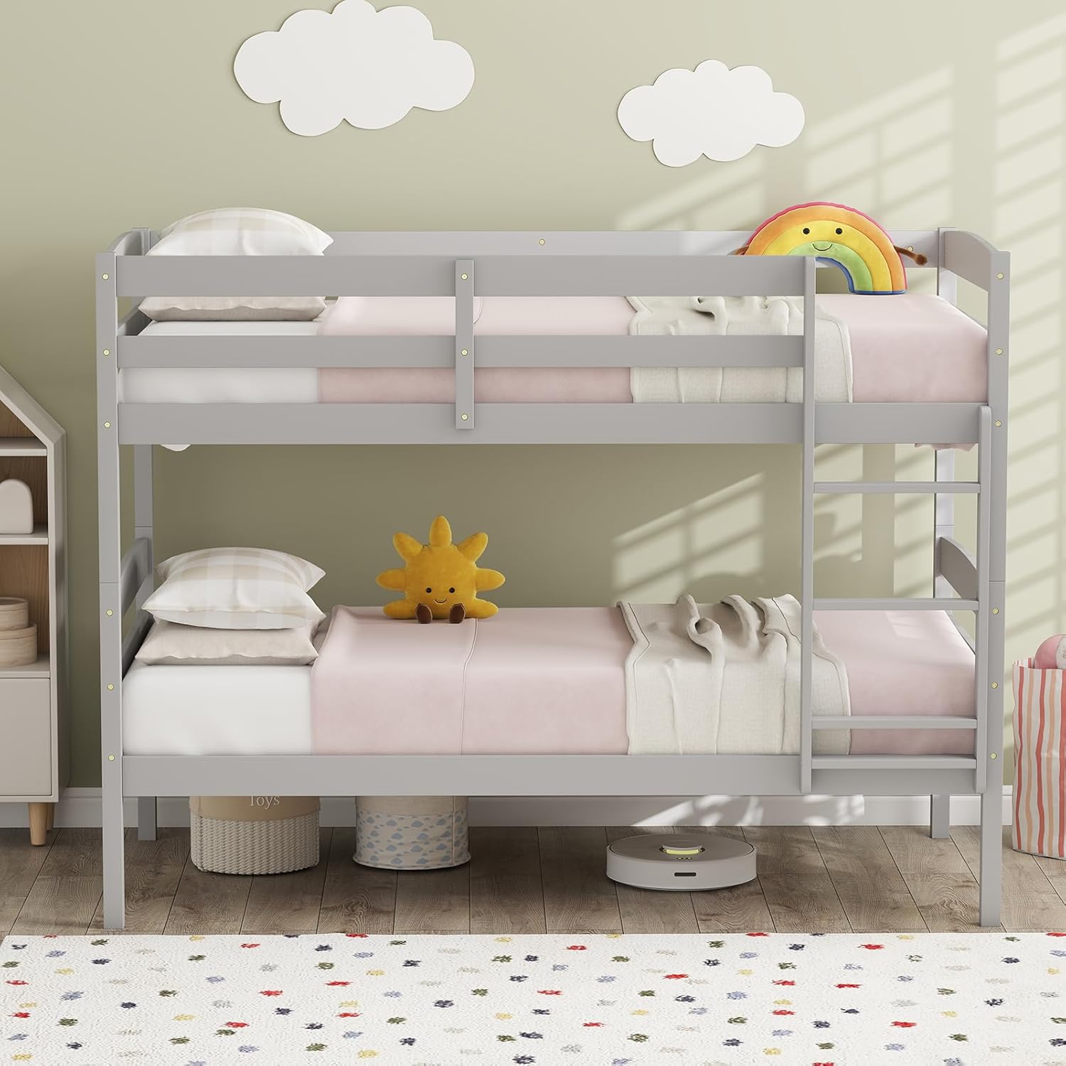KOMFOTT Bunk Bed Twin Over Twin, Bed Frame w/Full-Length Guardrail & Integrated Ladder, Wood Bunk Bed for Small Space, Converts to 2 Individual Beds for Kids & Adults, No Box Spring Needed