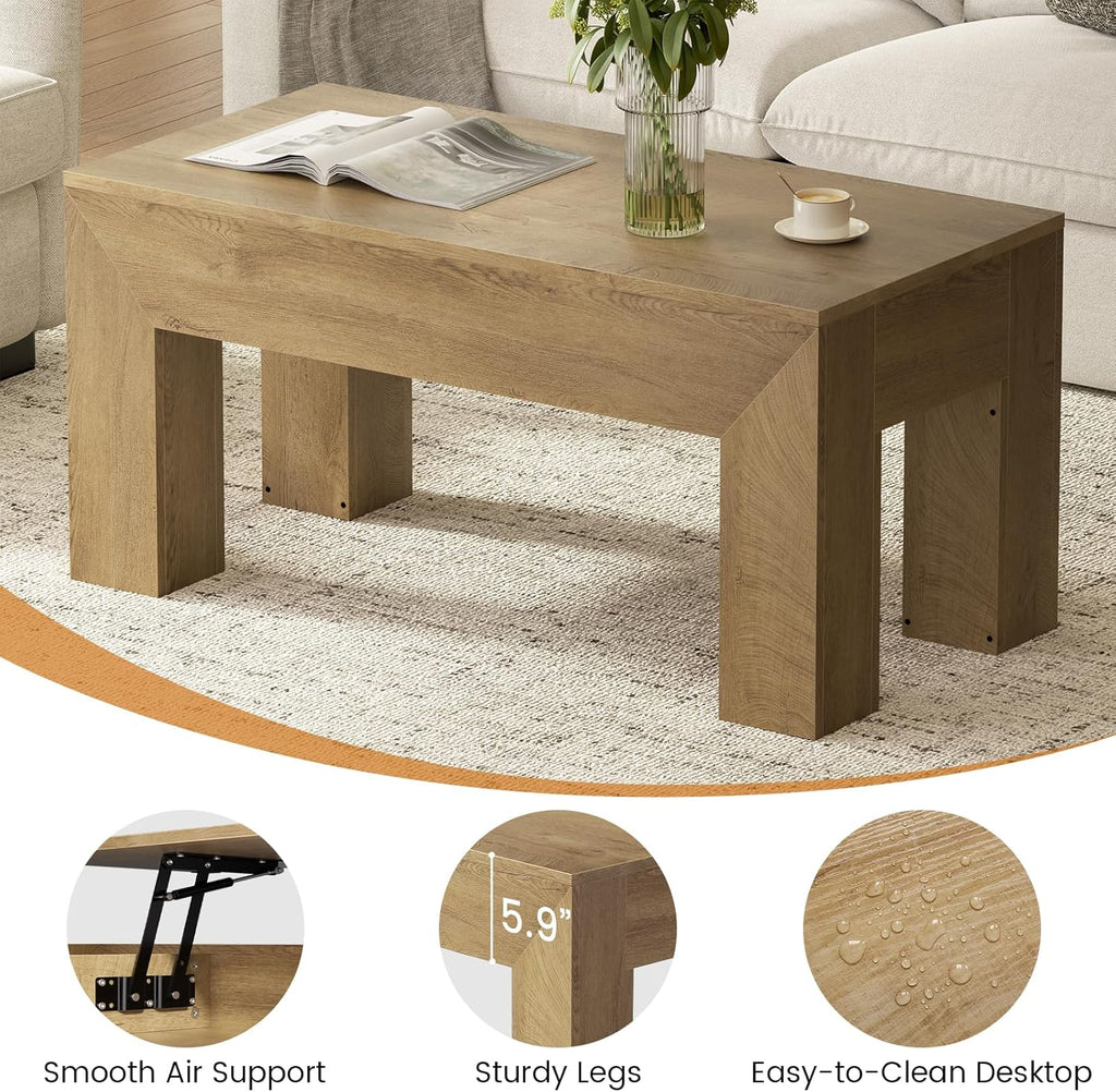 FABATO 41.7'' Lift Top Coffee Table, Wooden Rectangle Coffee Table with Hidden Storage, Large Center Table Adjustable Height Sofa Table for Living Room Office Apartment, Wood