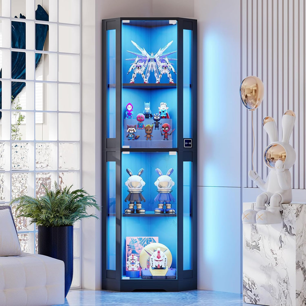 65" Corner Glass Display Cabinet with LED Lights, 4-Tier Showcase Display Case with Glass Doors & Human Body Sensor for Collectibles, Liquor, Black