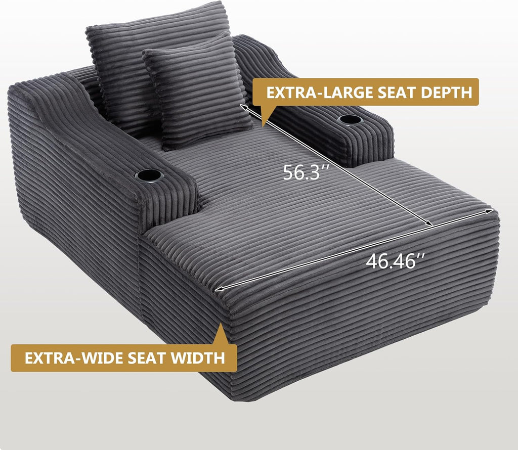 67" Oversized Chaise Lounge Chair Indoor, Soft Boneless Cloud Couch Chair with Wide Armrest Pillows and Cup Holders, Comfy Corduroy Sofa Bed Sleeper Couch for Living Room No Assembly Require,Dark Grey
