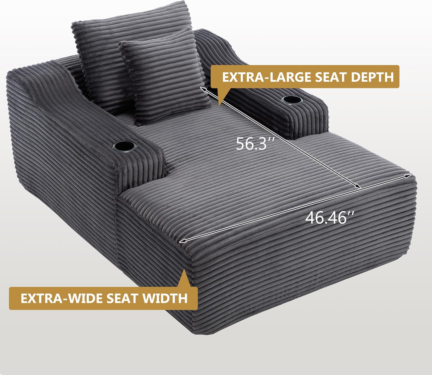 67" Oversized Chaise Lounge Chair Indoor, Soft Boneless Cloud Couch Chair with Wide Armrest Pillows and Cup Holders, Comfy Corduroy Sofa Bed Sleeper Couch for Living Room No Assembly Require,Dark Grey