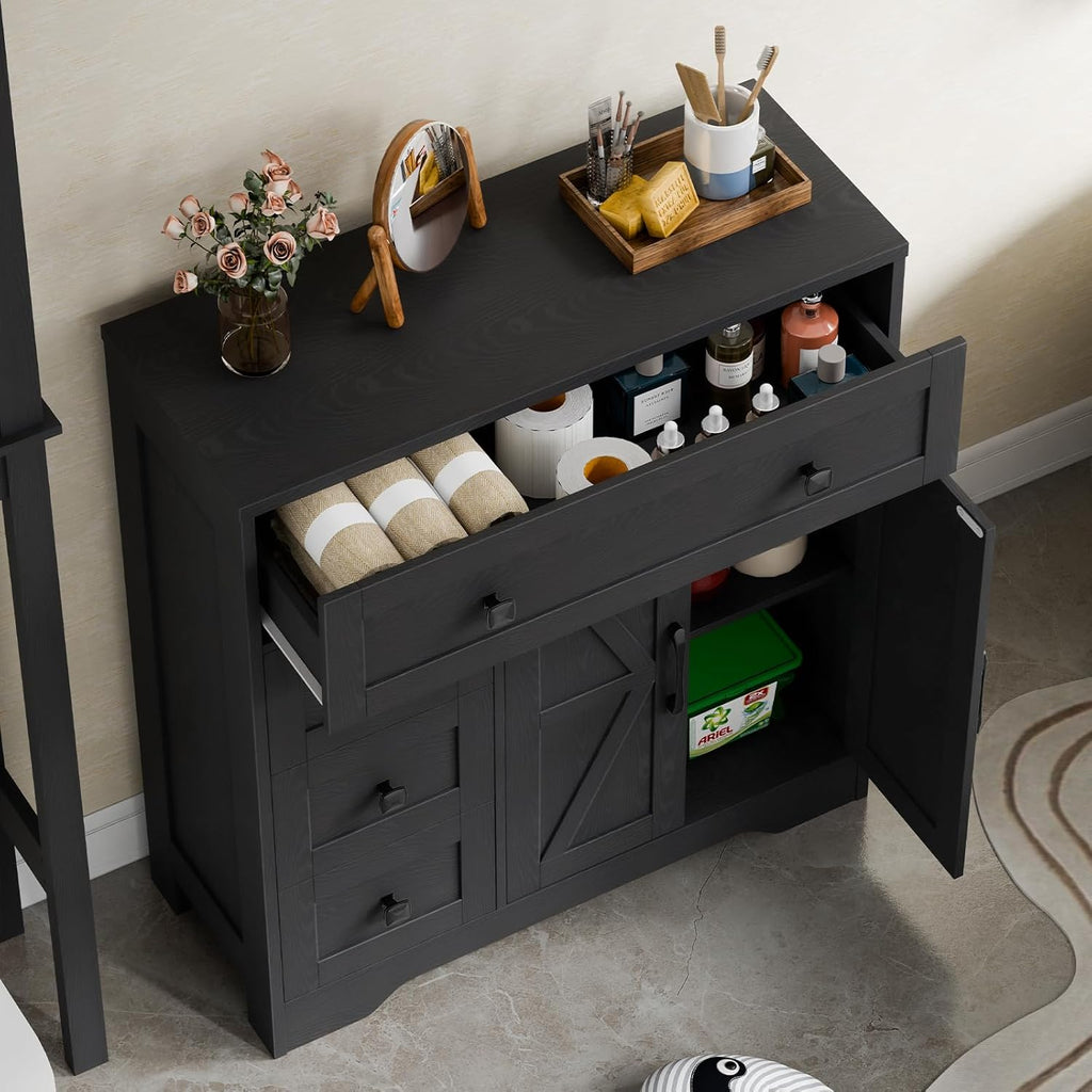 Vabches Farmhouse Storage Cabinet with 2 Doors and 4 Drawers, Freestanding Bathroom Storage Cabinet Kitchen Pantry, Floor Hutch Cupboard for Living Room/Bathroom/Kitchen,(Pure Black)