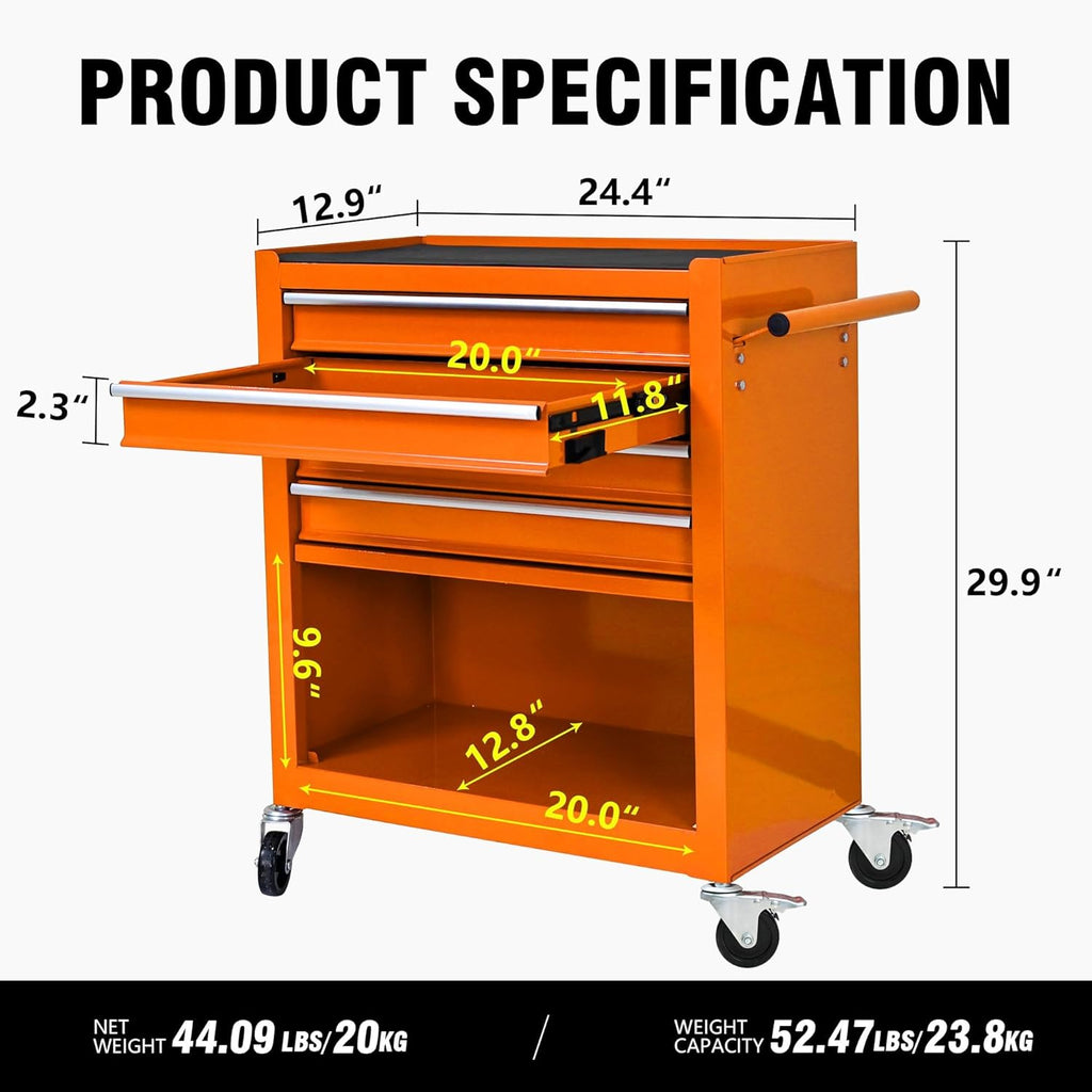 4 Drawers Rolling Tool Cart on Wheels, Trolley Organizer Tool Case Tool Chest, Multifunctional Tool Storage Tool Box for Workshop, Garage, Warehouse, Repair Shop(24.2"W×12.9"D×29.9"H-Orange)