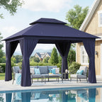AOXUN Outdoor Gazebo for Patio 10x12 Metal Frame Canopy with Double Roofs Heavy Duty Party Tent and Shelter with Mosquito Netting and Privacy Screen for Backyard  Lawn  Garden  Deck (Navy Blue)