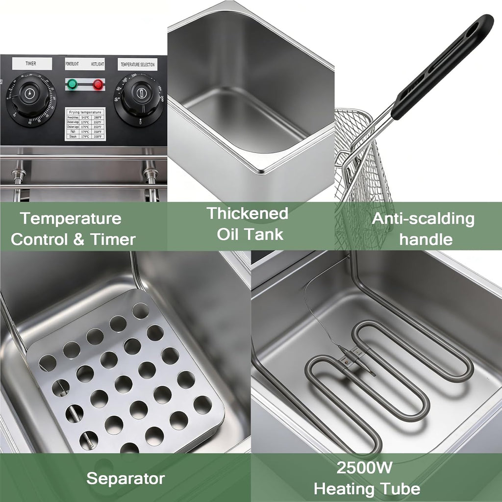 12L Electric Deep Fryer with Basket, 2500W Countertop Oil Fryer with Timer & Adjustable Temperature, Stainless Steel Frying Pot for Home Cooking