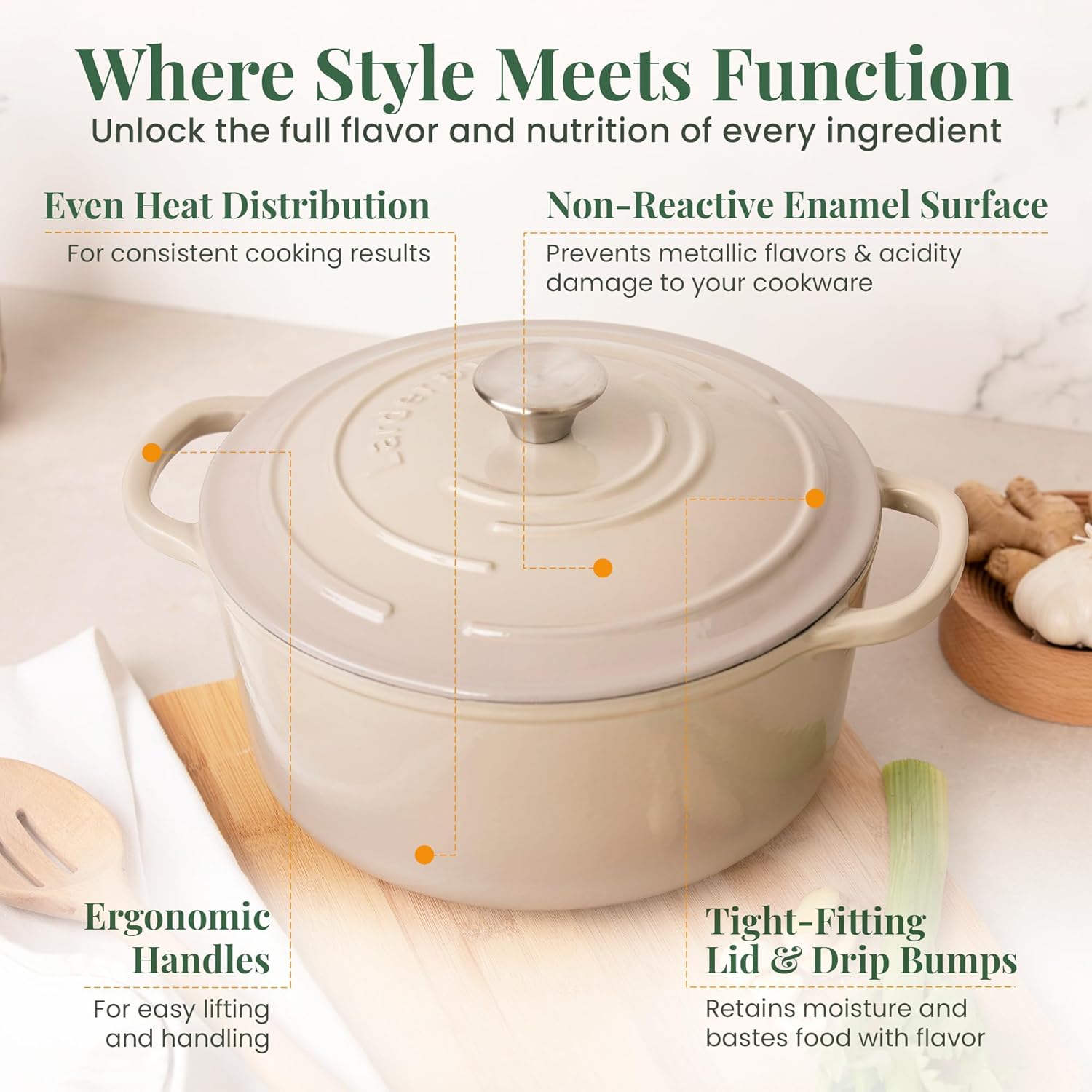 Larder & Vine Enameled Cast Iron 5.7 qt Dutch Oven Pot with Lid | Dutch Oven | Compatible on All Cooktops & Oven Safe to 500° F | Great for Sourdough Bread | Stone