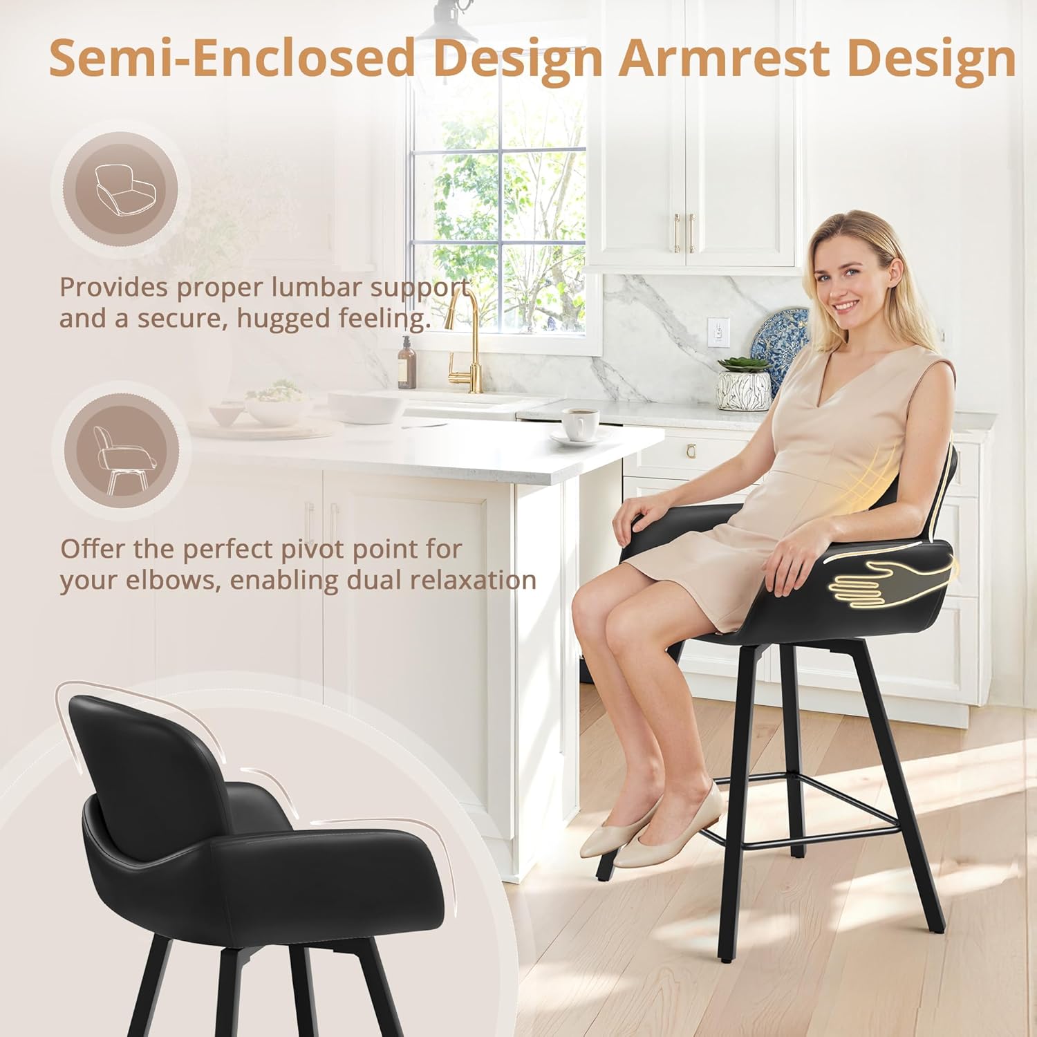 LUE BONA 26" Swivel Bar Stools Set of 3, Counter Height Bar Stools with Backrest and Arms, Modern Upholstered Barstools with Metal Legs for Kitchen Island, Black