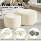 Round Nesting Coffee Table Set of 2,Upholstered Foam Ottoman Footrest Side Table Set,Modern Flannel Circle Coffee Table No Assembly for Living Room Entryway Bedroom,Beige