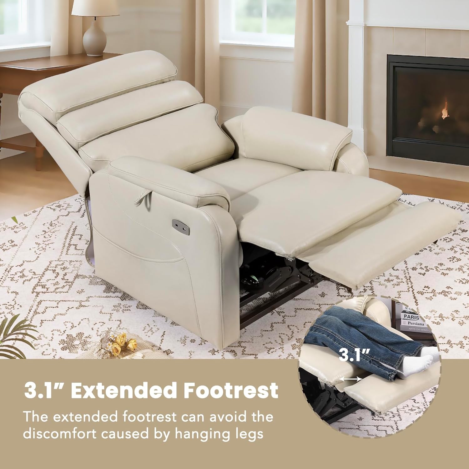 EONIX Dual Motor Lay Flat Power Lift Recliner Chair for Elderly, Breathable Leather Electric Lift Chairs for Adults, 400lbs Heavy Duty Power Recliner with Heat and Massage, SLRY003061, Cream White