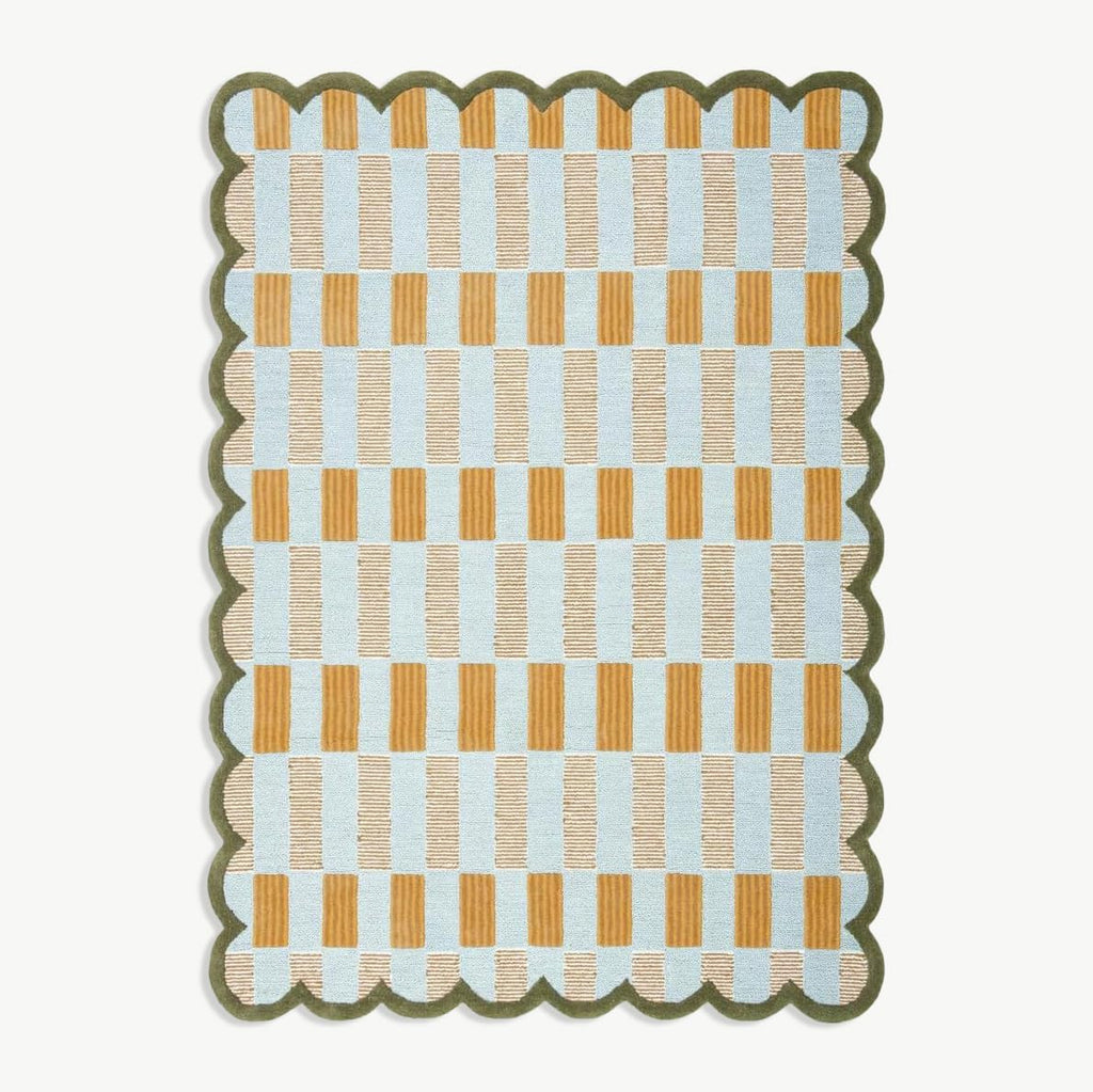 Hand-Tufted Scalloped Wool Area Rug, Modern Plaid Checkered Pattern, Soft & Durable Cozy Accent Rug for Living Room, Bedroom & Nursery, Handmade Decorative Floor Carpet (Light Blue, 8' x 10')