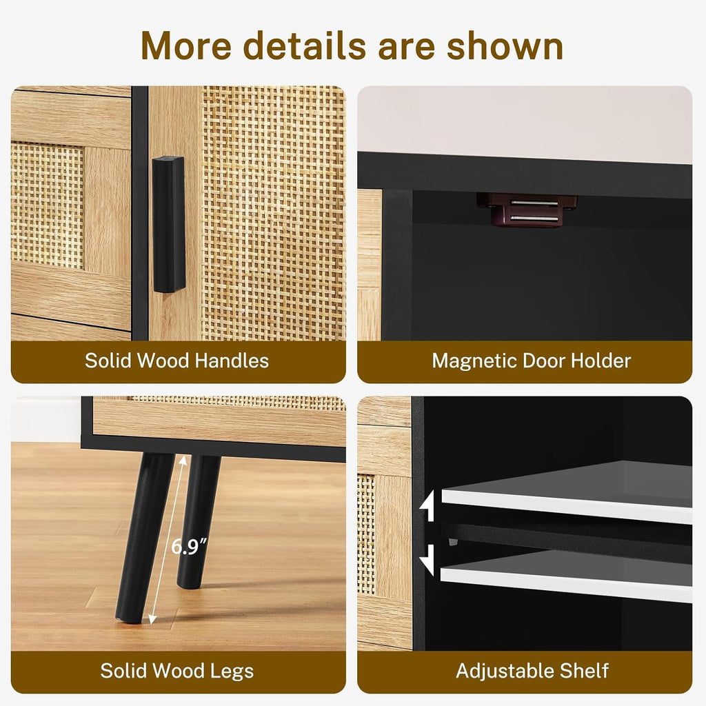 Iwell Storage Cabinet with Rattan Door & 3 Drawers, Rattan Cabinet with Adjustable Shelf, Sideboard Buffet Cabinets with Storage, Entryway Cabinets, for Living Room, Dining Room, Entryway, Black