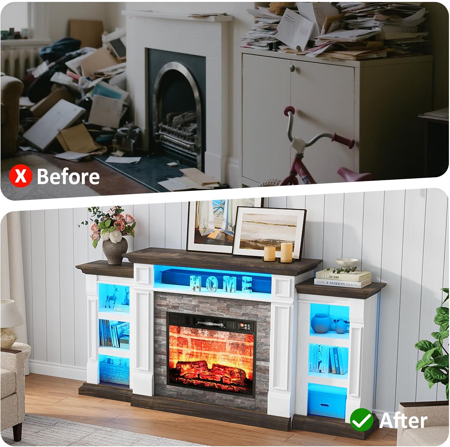 Naice 72" Electric Fireplace with Mantel and Cabinets, Fireplace TV Stand for TVs up to 80", LED Light & Power Outlet, 23in Insert Heater w/Realistic Red Brick Flame for Living Room Bedroom,Brown