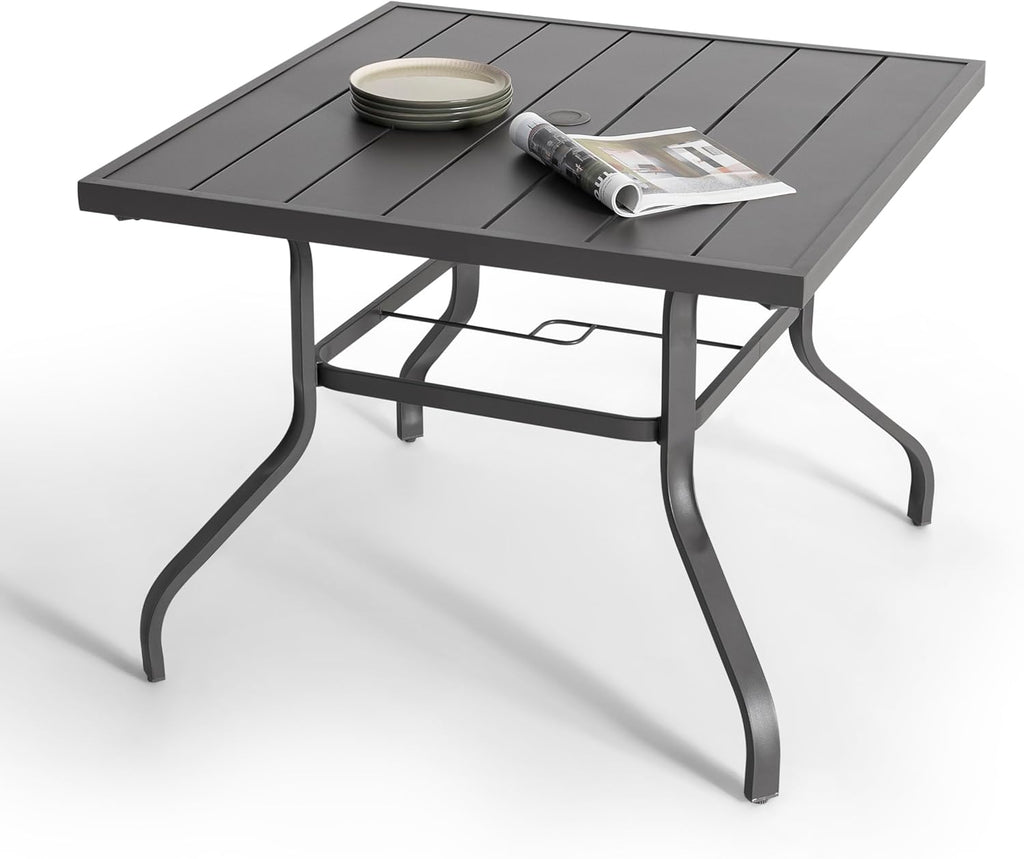 NUU GARDEN 37" Outdoor Patio Table, Square Steel Slat Dining Table for 4 with 1.57" Umbrella Hole, Powder-Coated Iron Frame and Slatted Top for Patio, Garden and Balcony, Gray