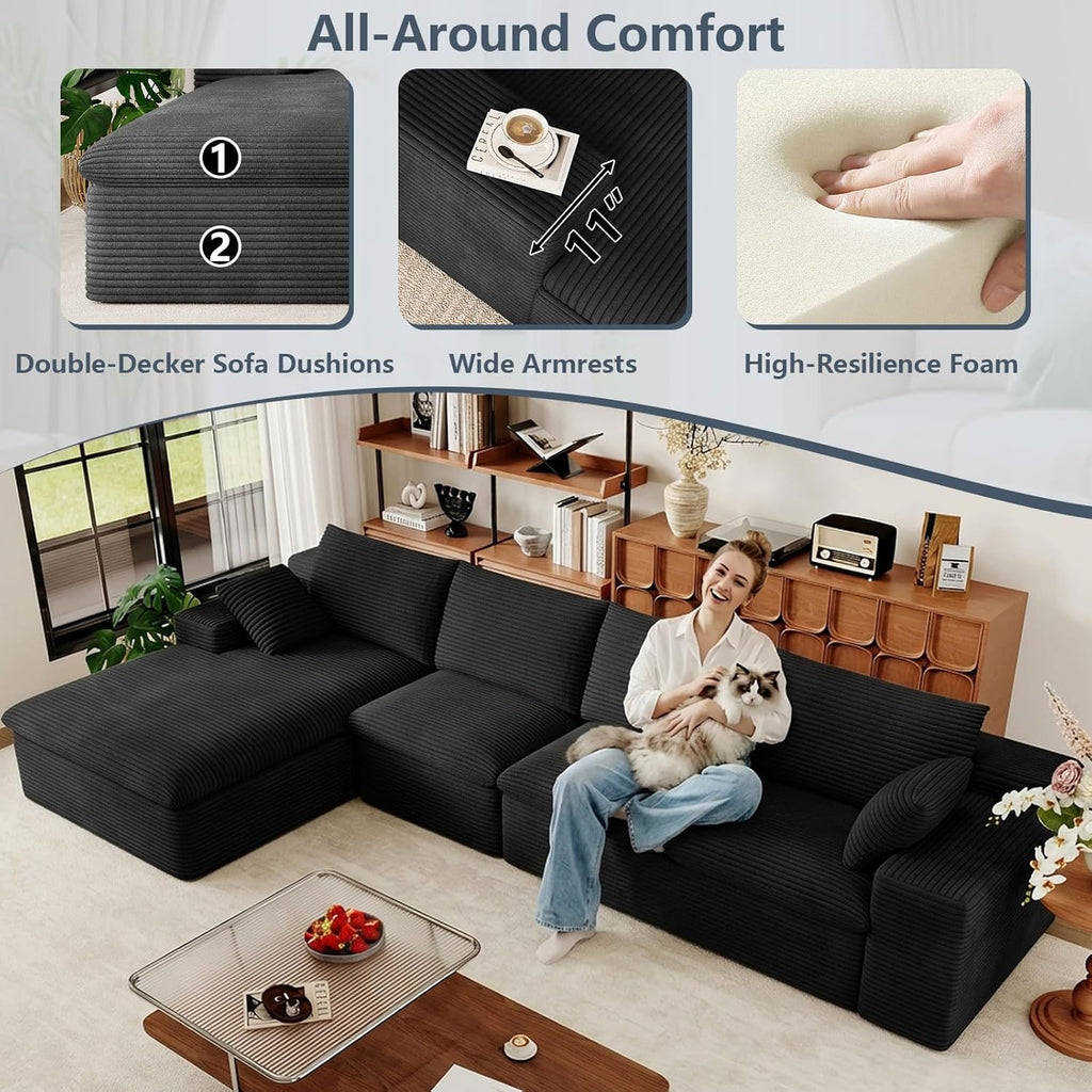 136" Cloud Modular Sectional Couch with L-Shaped Chaise,Corduroy Boneless Sofa,Memory Foam Couches in a Box with Deep Seat for Living Room,No Assembly Required (Black,Left-Facing Chaise)
