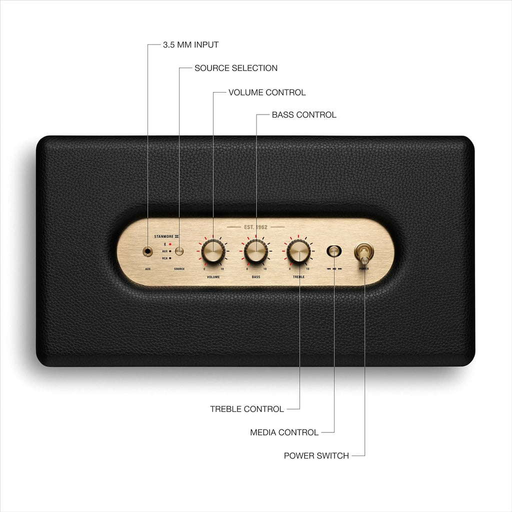 Marshall Stanmore III Bluetooth Home Speaker - Loud Stereo Sound with Bass and Treble Controls | Plug-in Powered | Record Player Compatible | RCA and 3.5 mm Aux Inputs - Black