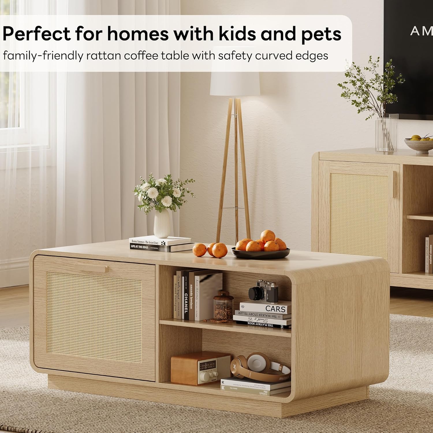 LIKIMIO 39.4" Rattan Coffee Table with Storage Drawers, Safety Curved Corners & 4-Tier Adjustable Shelves, Sturdy Base, Wood Center Table for Living Room, Natural