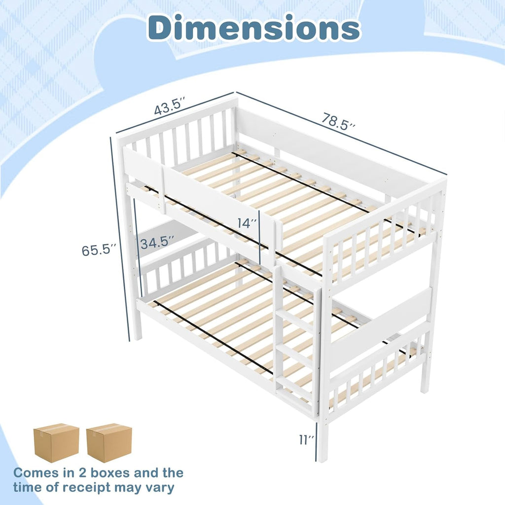 Giantex Wood Bunk Bed Twin Over Twin, Solid Wood Bunk Bed Frame with Ladder & Safety Guardrails, Space-Saving Convertible Bunk Beds for Kids Teens Juniors, Can Be Divided Into Two Twin Beds, White