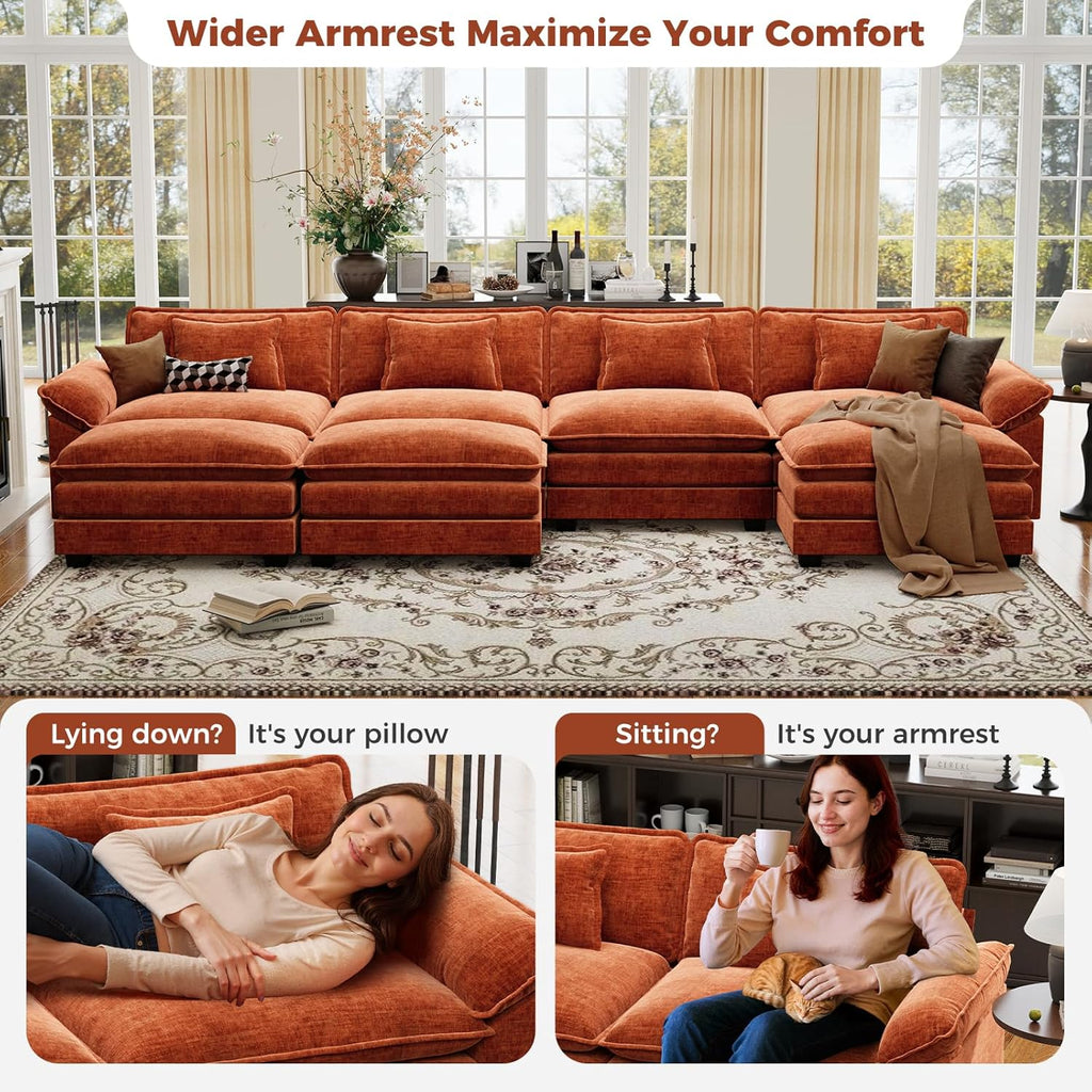 CDCASA 154" Oversized Modular Sectional Sofa, Comfy U-Shaped Cloud Couch w/ 3 Movable Ottomans, 7-Seater Chenille Deep Seat Modern Sofa Couch for Living Room, Terracotta Orange