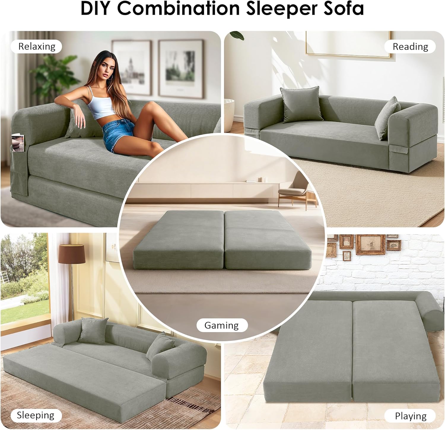 80" Convertible Sofa Bed, Corduroy Deep Seat Folding Pull Out Couch with Pillows, No Assembly Modern Boneless Couch Compression Sofa in Box, Floor Sofa with Storage Pocket for Living Room,Light grey