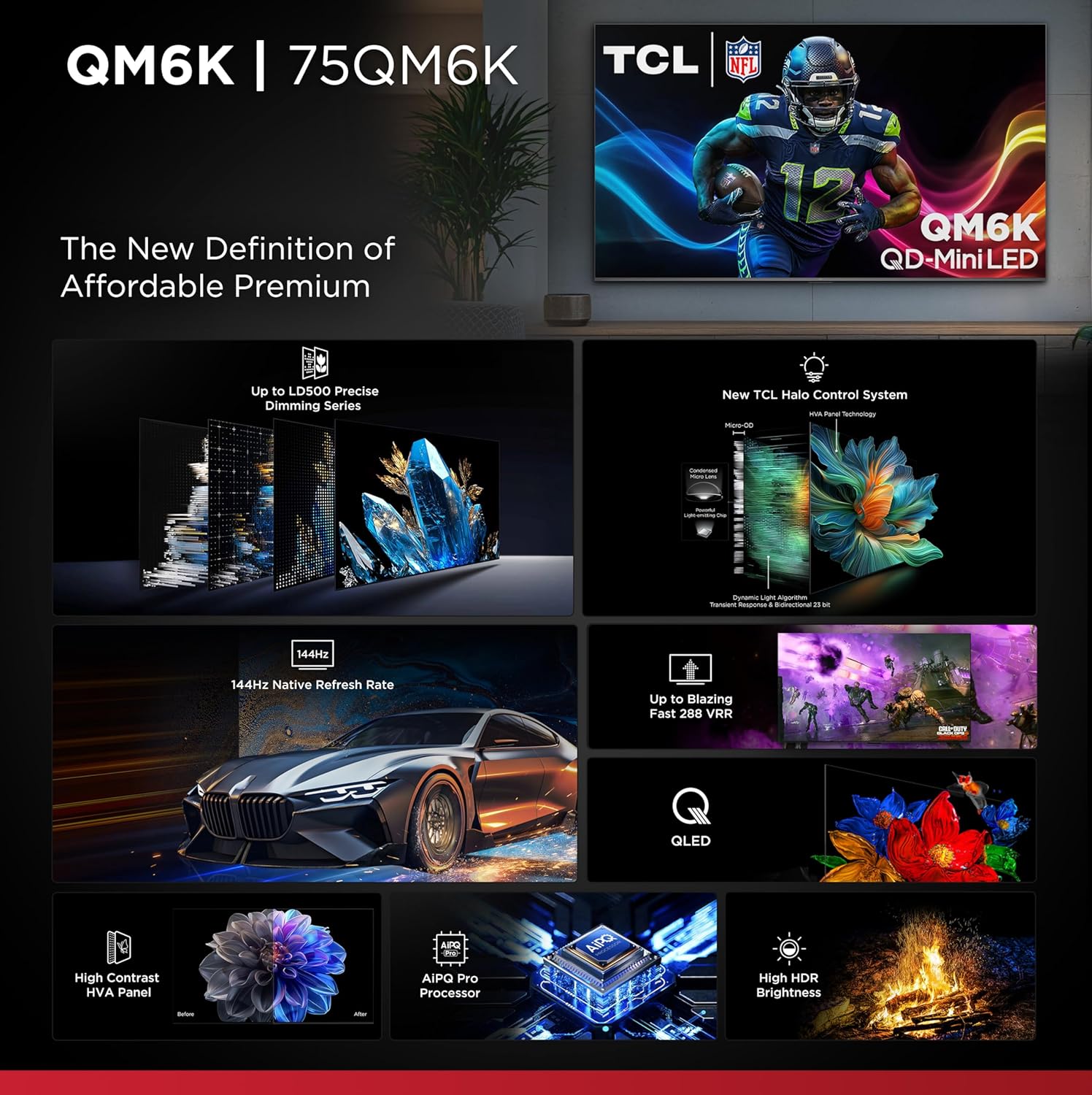 TCL 75 Inch Class QM6K Series | Mini LED QLED 4K HDR | 75QM6K  2025 Model | 120HZ-144HZ High Brightness Smart Google TV Dolby Atmos Onkyo Audio | Voice Remote Alexa Gaming Streaming Television