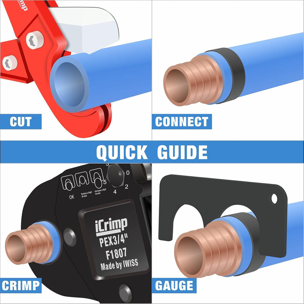 iCrimp IWS-1807CN PEX Crimping Tool Kit with PEX Crimpers, PEX Tubing Cutter, Copper Ring Removal Tool for 1/2’’ & 3/4’’ Copper Crimp Rings, Meets ASTM F1807 Standard