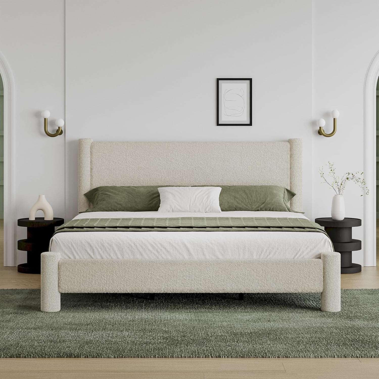 King Size Bed Frame, Boucle Bed Frame with Headborad, Soft Upholstered Platform Bed Frame with Rounded Corners, No Box Spring Required, Easy Assembly, Cream