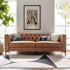 HULALA HOME 84" W Faux Leather Sofa Couch with Metal Legs, Button-Tufted 3-Seater Sofa, Mid Century Modern Upholstered Couch for Living Room, Entertainment Area, Apartment,Camel