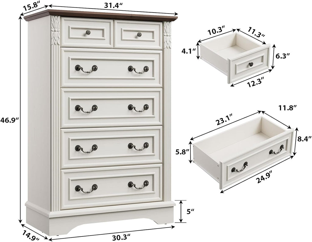 BLANKSPACE Farmhouse Dresser with 6 Drawers, Antique White Dresser for Bedroom, Hallway, Living Room, or Office Storage