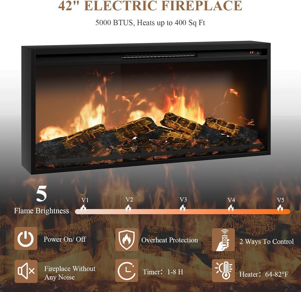 QUW 70" Fireplace TV Stand Up to 80" TVs, 42" Modern Electric Fireplace with Mantel, Farmhouse Entertainment Center with Concealed 3 Drawers for Living Room, Adjustable Brightness & Low Noise, White