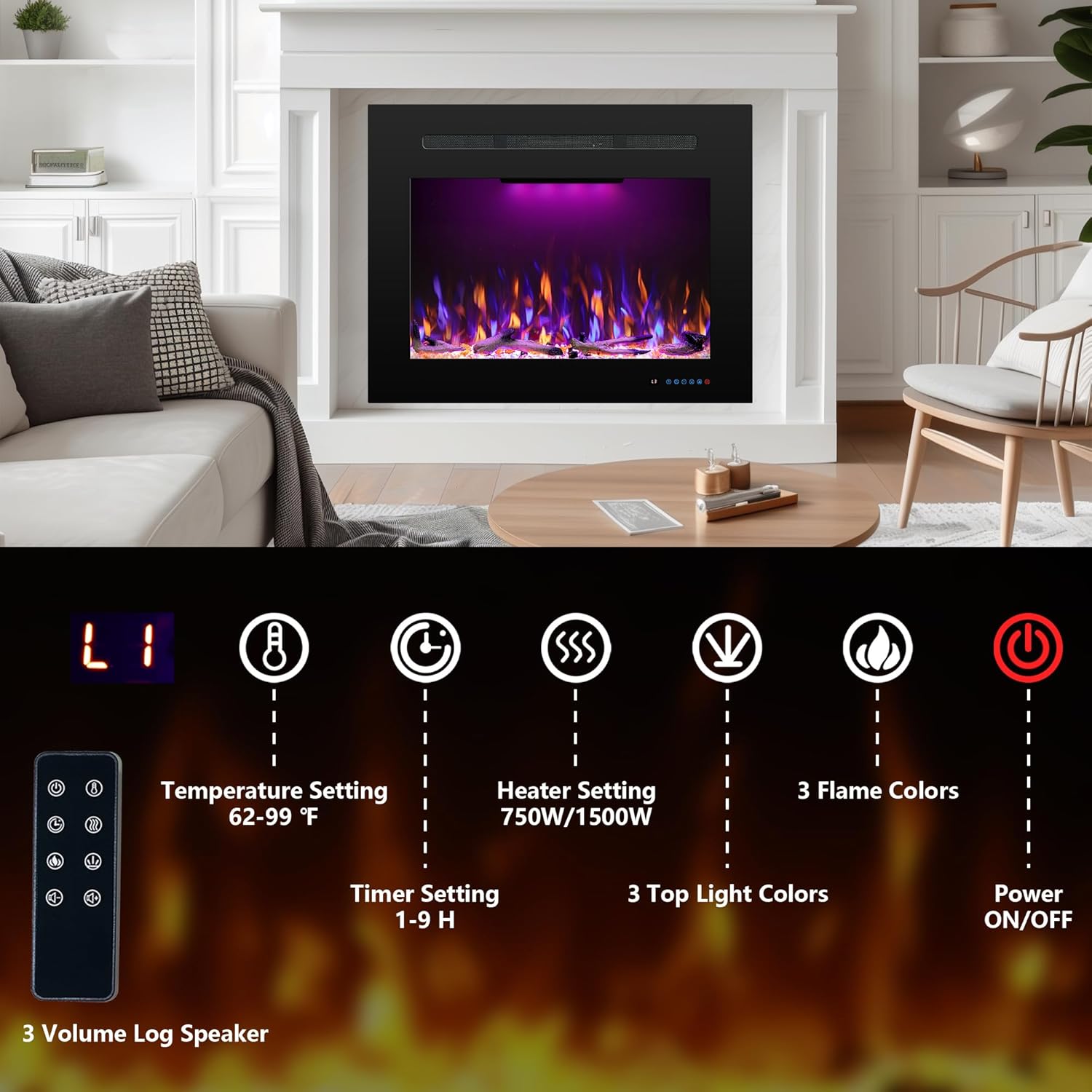 Electric Fireplace Inserts with 3 Flame & Top Light Color, Recessed Fireplace Heater with Thermostat, 750/1500W, Crackling Sound, Logs & Crystals, Timer, 32.2" W x 19.6" H Rear