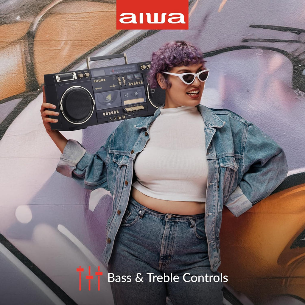 aiwa Retro Boombox BackTrack CD Player with Cassette Recording  Bluetooth 5.0  FM/AM Radio  USB/SD/AUX Inputs  VU Meters  LCD Display  Dual 40W Speakers (Black and Gold)