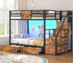 BTHFST Bunk Bed Twin Over Twin with Stairs, LED Lights Twin Bunk Bed with 2 Storage Drawers & 6 Fabric Drawers, Metal Twin Loft Beds with Guardrail & Stairs, Space Saving, Sturdy Frame