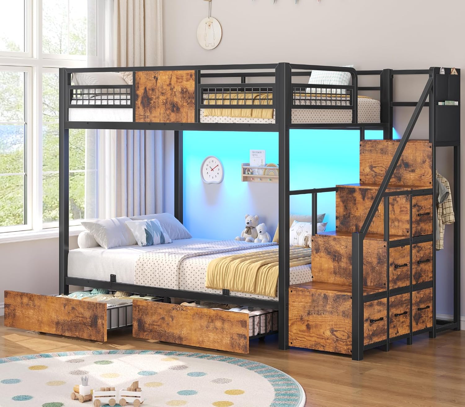 BTHFST Bunk Bed Twin Over Twin with Stairs, LED Lights Twin Bunk Bed with 2 Storage Drawers & 6 Fabric Drawers, Metal Twin Loft Beds with Guardrail & Stairs, Space Saving, Sturdy Frame