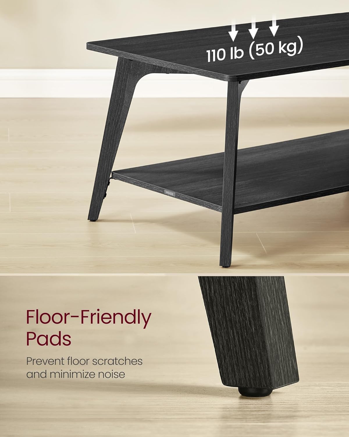 VASAGLE MAEZO Collection - Coffee Table, 2-Tier Center Table with Storage, Tapered Legs, Curved Transitions, 21.7 x 39.4 x 17.7 Inches, Easy to Assemble, for Living Room, Charcoal Gray ULCT249B01