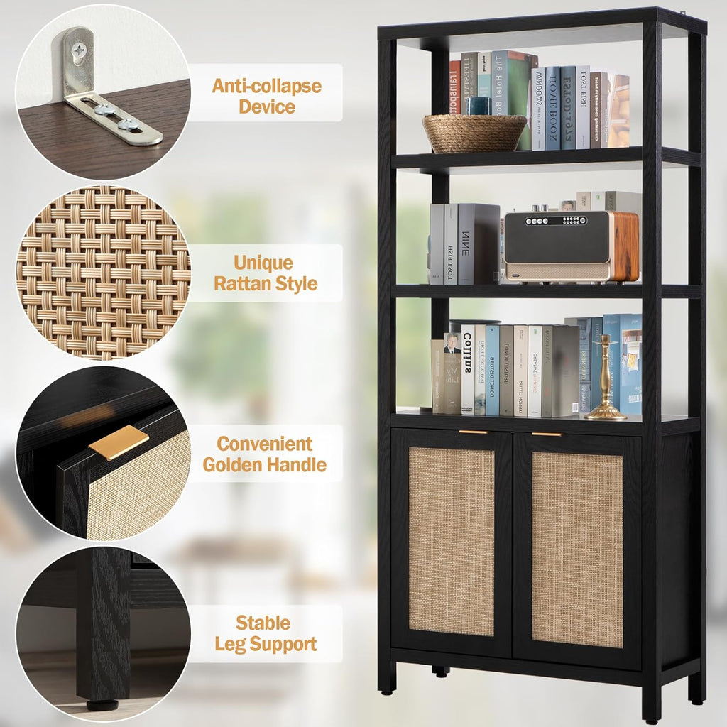SICOTAS Bookshelf 5 Tier Book Shelf Rattan Boho 71" Tall Bookcase with Doors Storage Shelves Large Bookshelves Farmhouse Bookcases Library Book Case for Living Room Bedroom Home Office Kitchen