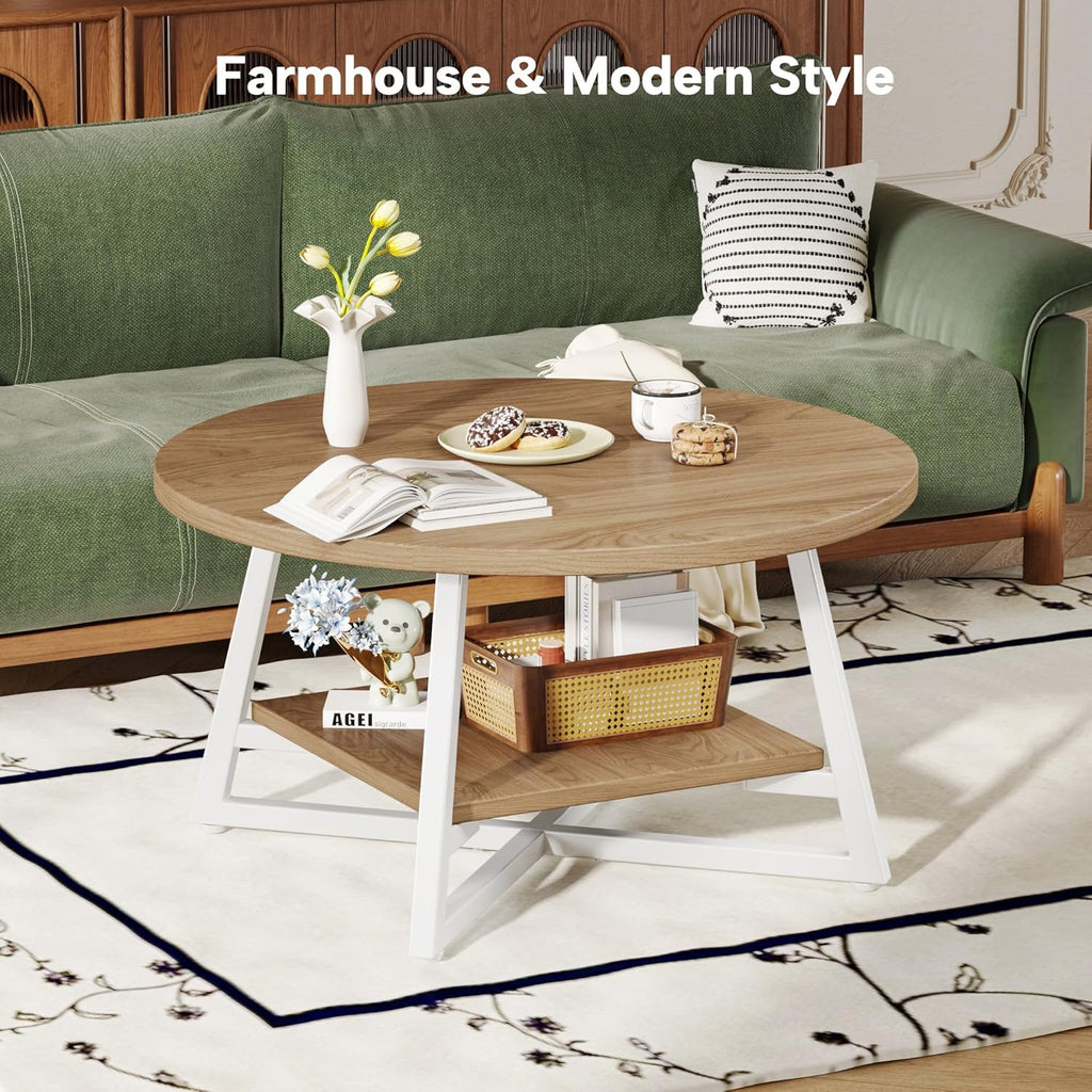 Coffee Table for Living Room, Round Coffee Table, Small Circle Coffee Table with Storage, Modern Wood Round Center Table for Home Office, Small Space, Easy Assembly, Light Coffee