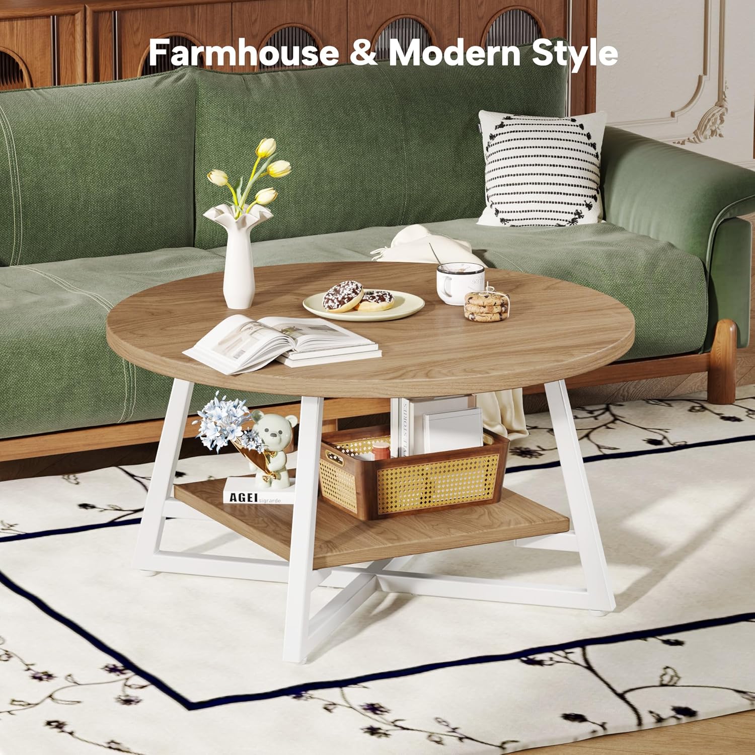 Coffee Table for Living Room, Round Coffee Table, Small Circle Coffee Table with Storage, Modern Wood Round Center Table for Home Office, Small Space, Easy Assembly, Light Coffee