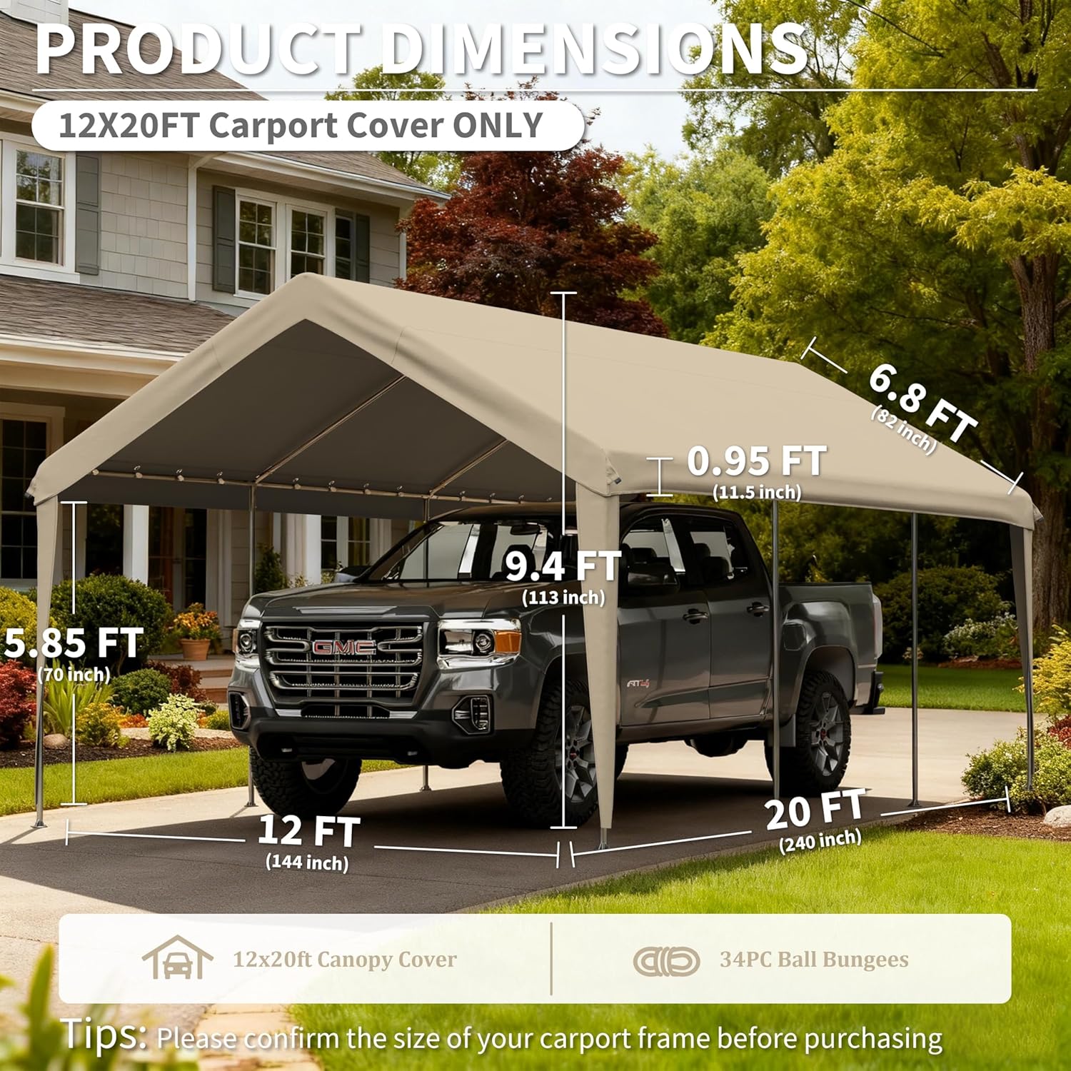 Carport Replacement Canopy Cover 12'x20' for Tent Top Garage Shelter Cover, 800D Heavy Duty Oxford Waterproof & UV Protected Car Canopy Tarp with Ball Bungees (Frame is not Included)