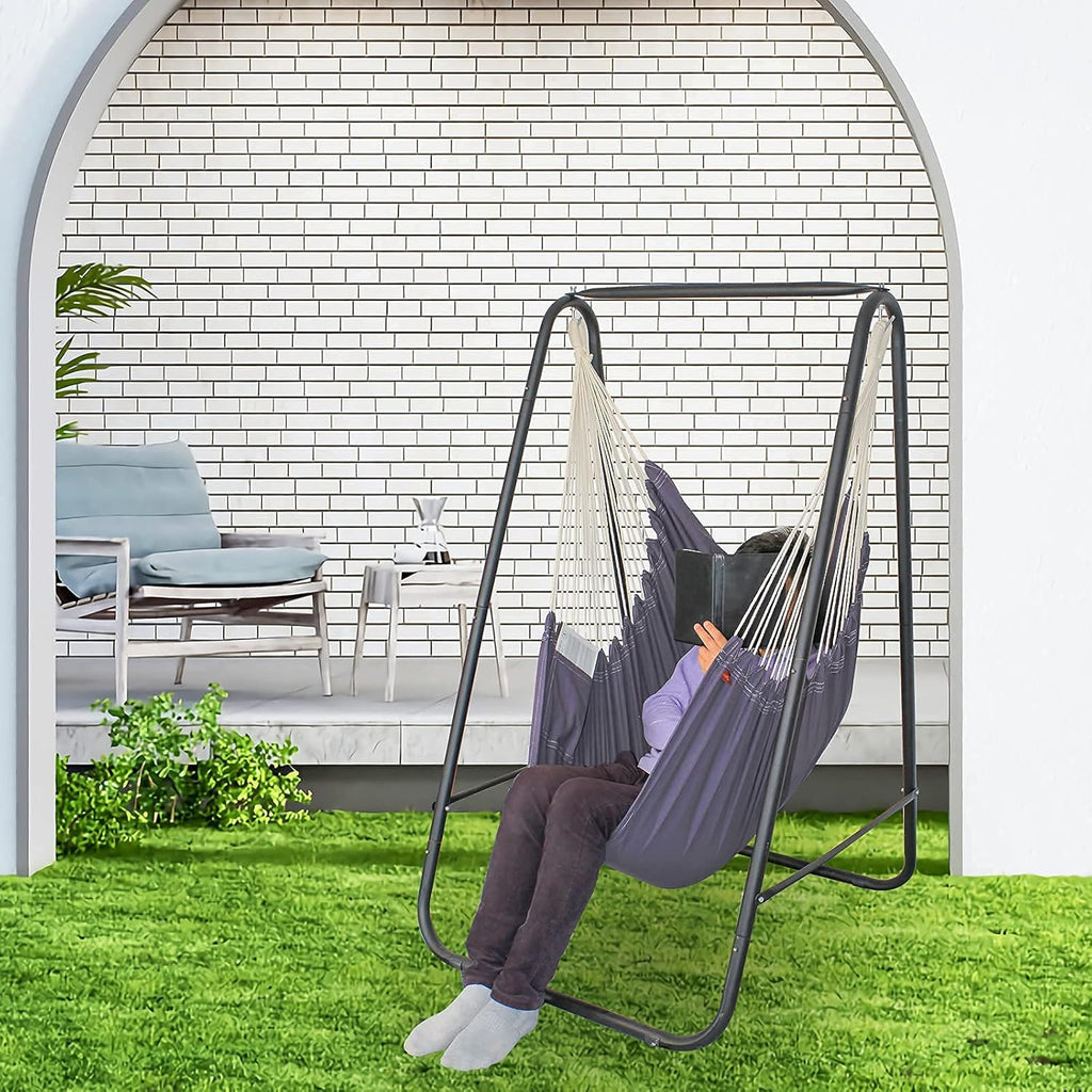 YUCAN Hammock Chair Stand with Hanging Swing Chair Included,Weather Resistant and Saving Space Stand Max 450 Lbs, Quality Cotton Weave Wrap Whole,Suitable for Indoor Outdoor Patio Yard（Grey） Patented