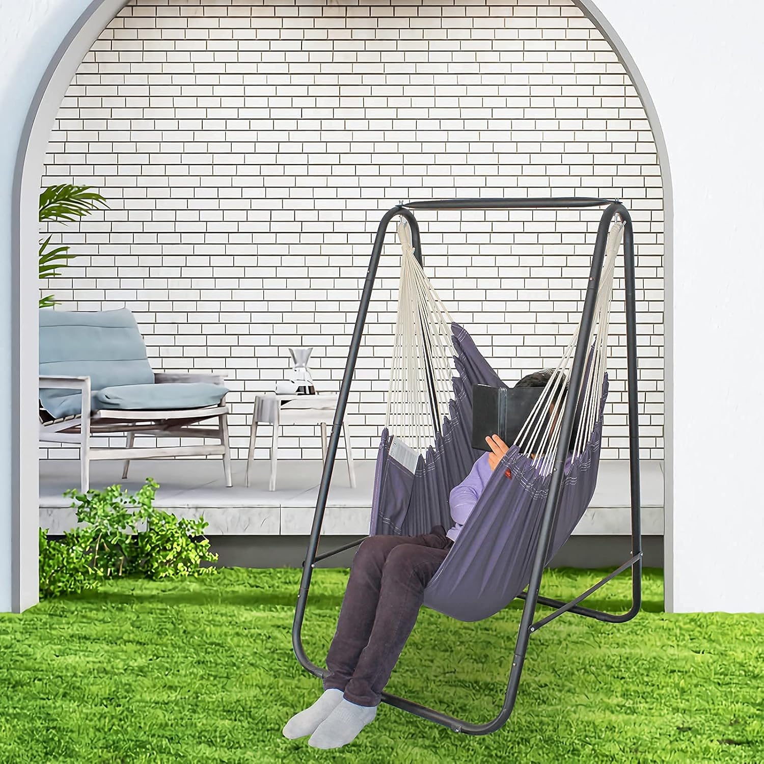 YUCAN Hammock Chair Stand with Hanging Swing Chair Included,Weather Resistant and Saving Space Stand Max 450 Lbs, Quality Cotton Weave Wrap Whole,Suitable for Indoor Outdoor Patio Yard（Grey） Patented