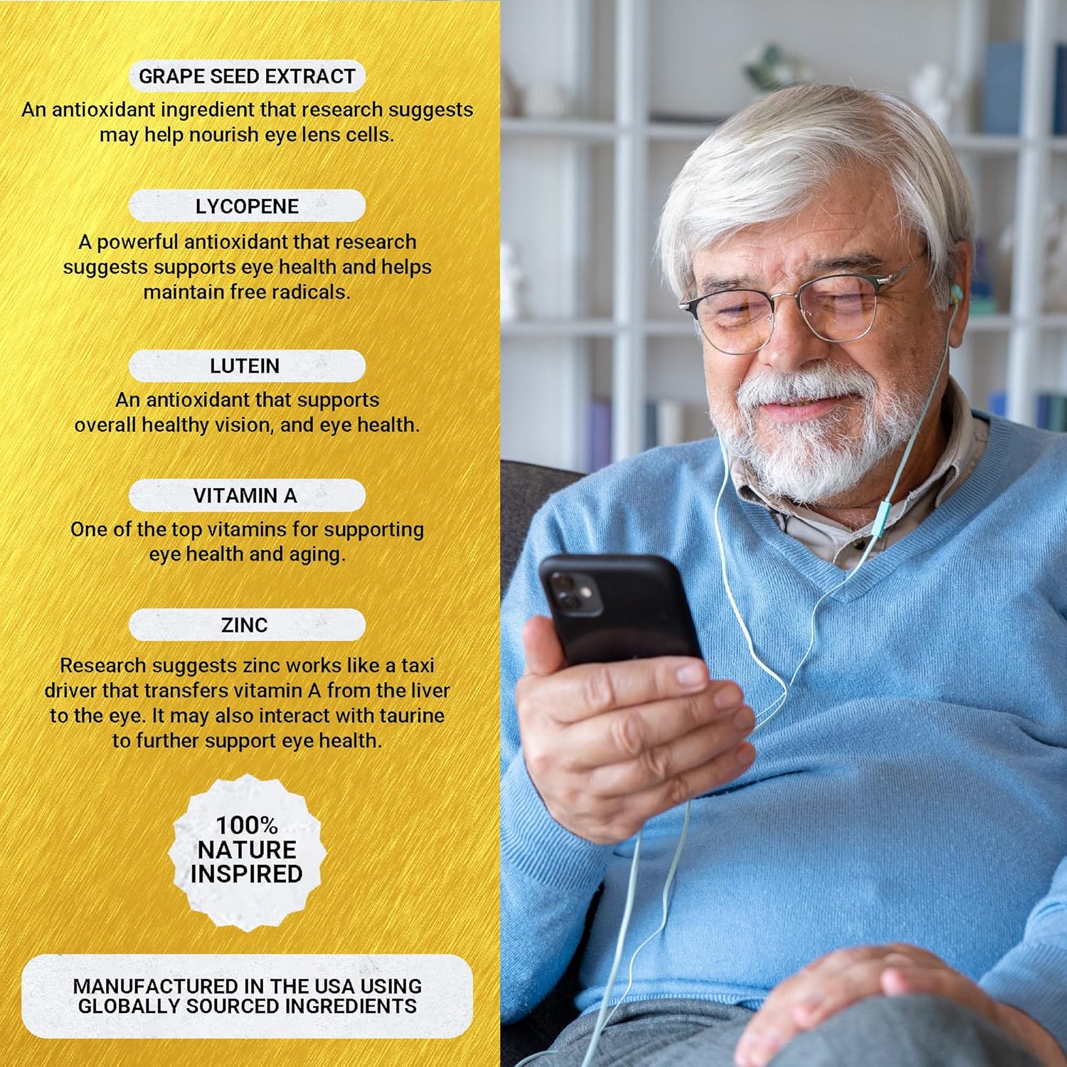 Golden After 50 VpMax-9 - Sight Care and Antioxidant Supplement with Eye Vitamins, Lutein, Lycopene and Bilberry Extract - 6 Bottles