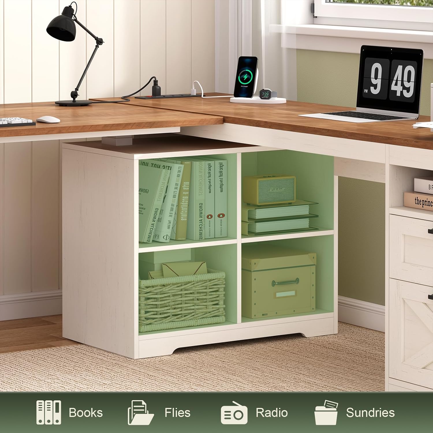 Farmhouse L Shaped Standing Desk, 66 inch Corner Electric Standing Desk with Drawers ＆ Storage Shelves, Height Adjustable Computer Desk with Power Outlets for Home Office, Antique White