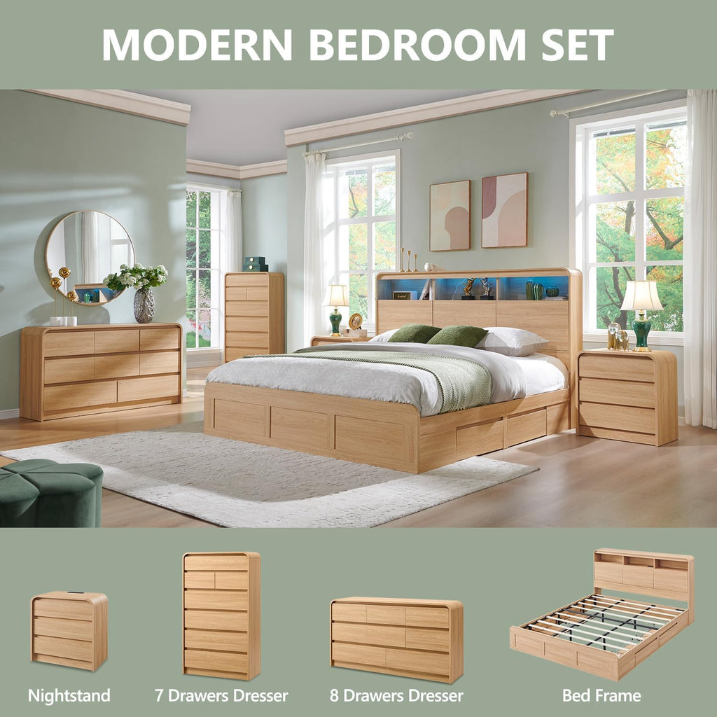 25" Tall Modern Nightstand Set of 2, 23.6" Wide Wood Bedside Table with Charging Station, 3 Storage Drawers Side Table w/Curved Profile Design,End Table for Bedroom, Natural Oak