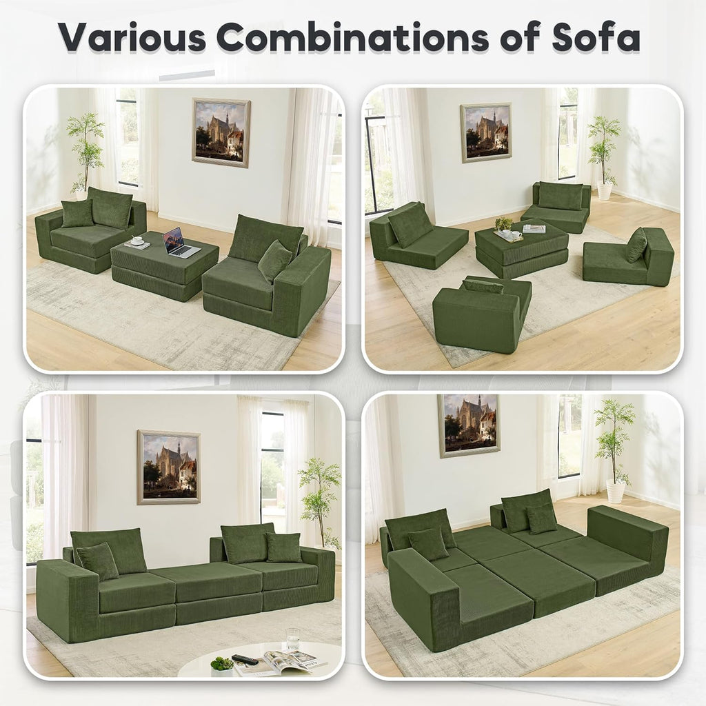 L Shaped Modular Sofa Bed with Ottoman, Corduroy Folding Floor Convertible Sofa Couch Bed, Boneless Combination Design Loveseat Sleeper Couch with Non Slip Base for Living Room, Green